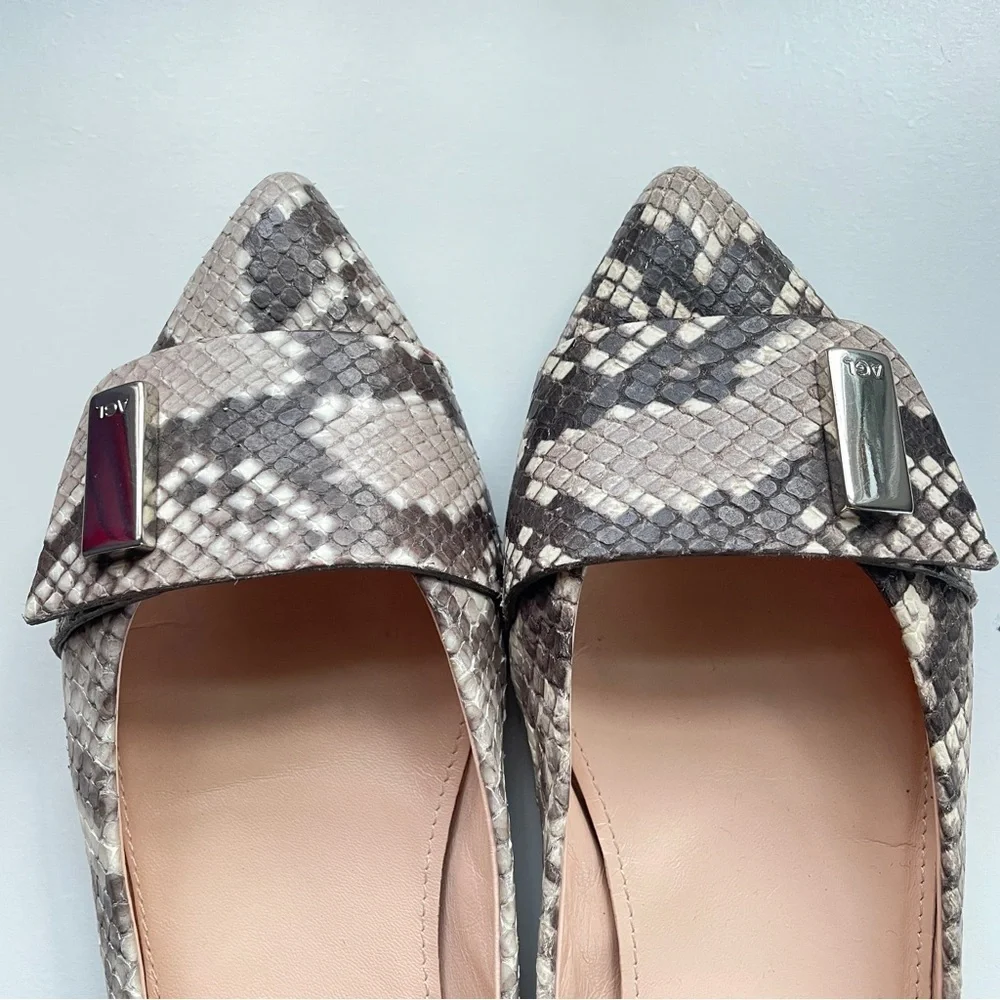 AGL Snake Print Ballet Flats Shoes Leather Pointed Toe Slip On Silver Hardware 7
